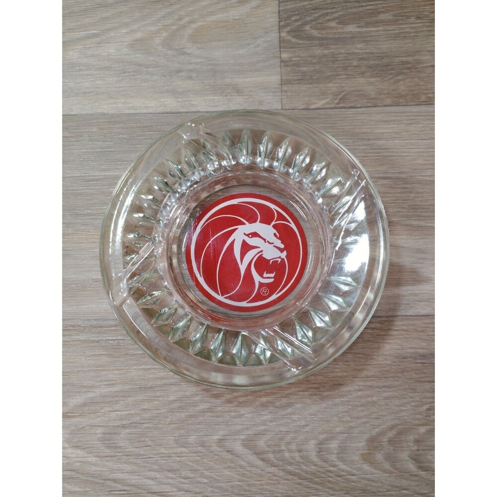 Vintage Clear Glass Ashtray MGM Grand Hotel Casino Las Vegas Lion Head Logo